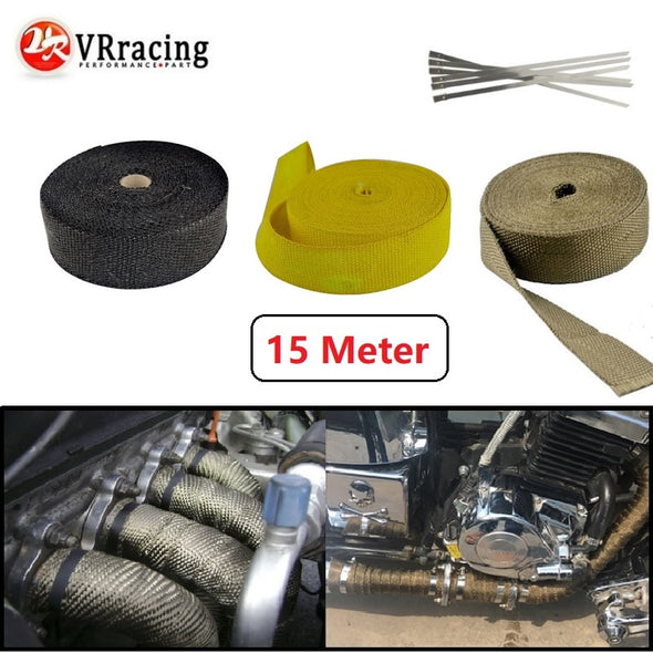 VR- 15 meter Exhaust Pipe Header Heat Wrap Resistant Downpipe + 6 PCS Stainless Steel Ties for Car Motorcycle Accesories VR1815